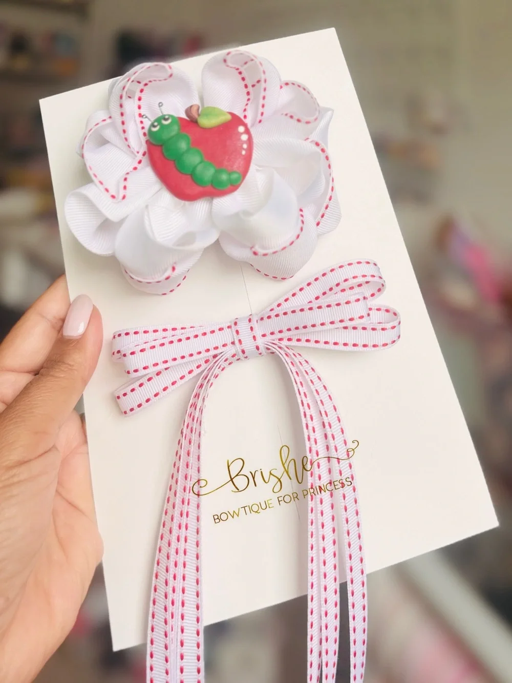 White Ribbon Flower Hair Clip with Red & Green Apple Charm